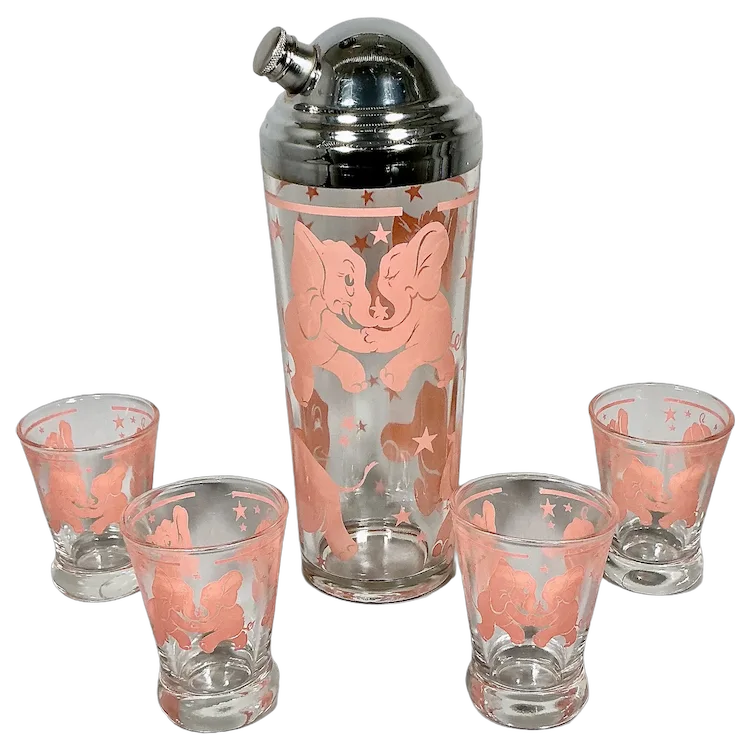 Dancing Pink Elephants Stars Glasses Cocktail Shaker Barware Set