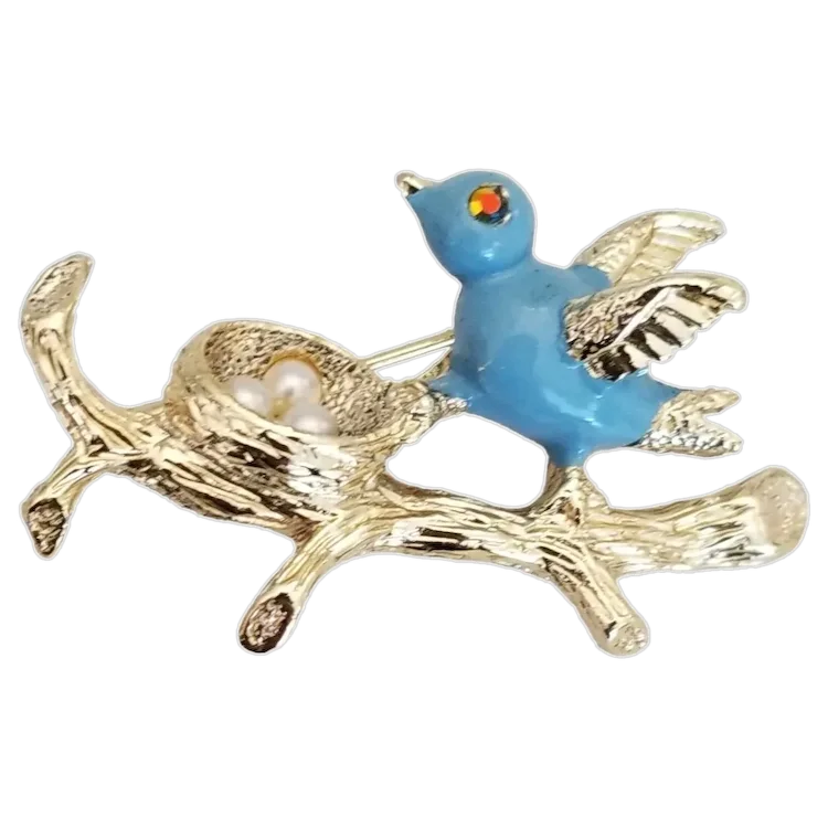 Gerry's Gold Tone Blue Bird With Nest Faux Pearl Eggs Brooch