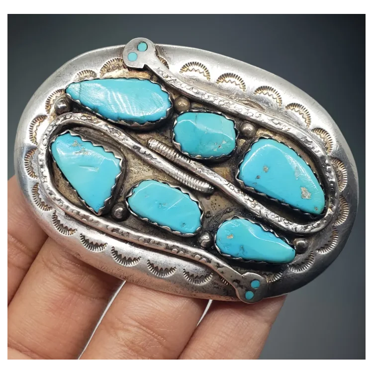Effie C ZUNI Heavy 925 Sterling Silver Turquoise Inlaid Serpent