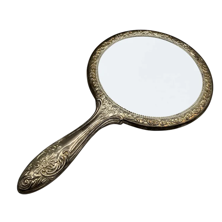 Vintage Vanity Hand Mirror with Silver Toned Floral and Scrollwork