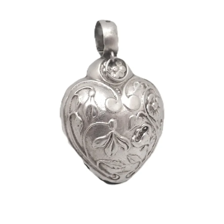 French Art Nouveau Silver Flowers Heart Shaped Small Rattle