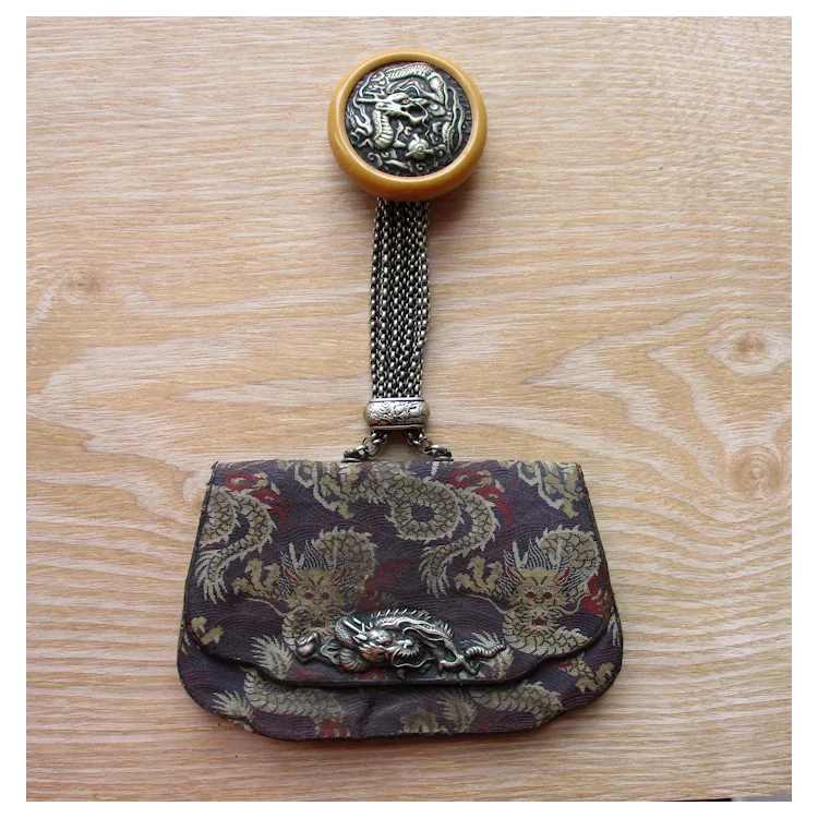 Antique Japanese Silk Tobacco Pouch Mixed Metal Dragon Kagamibuta Manju