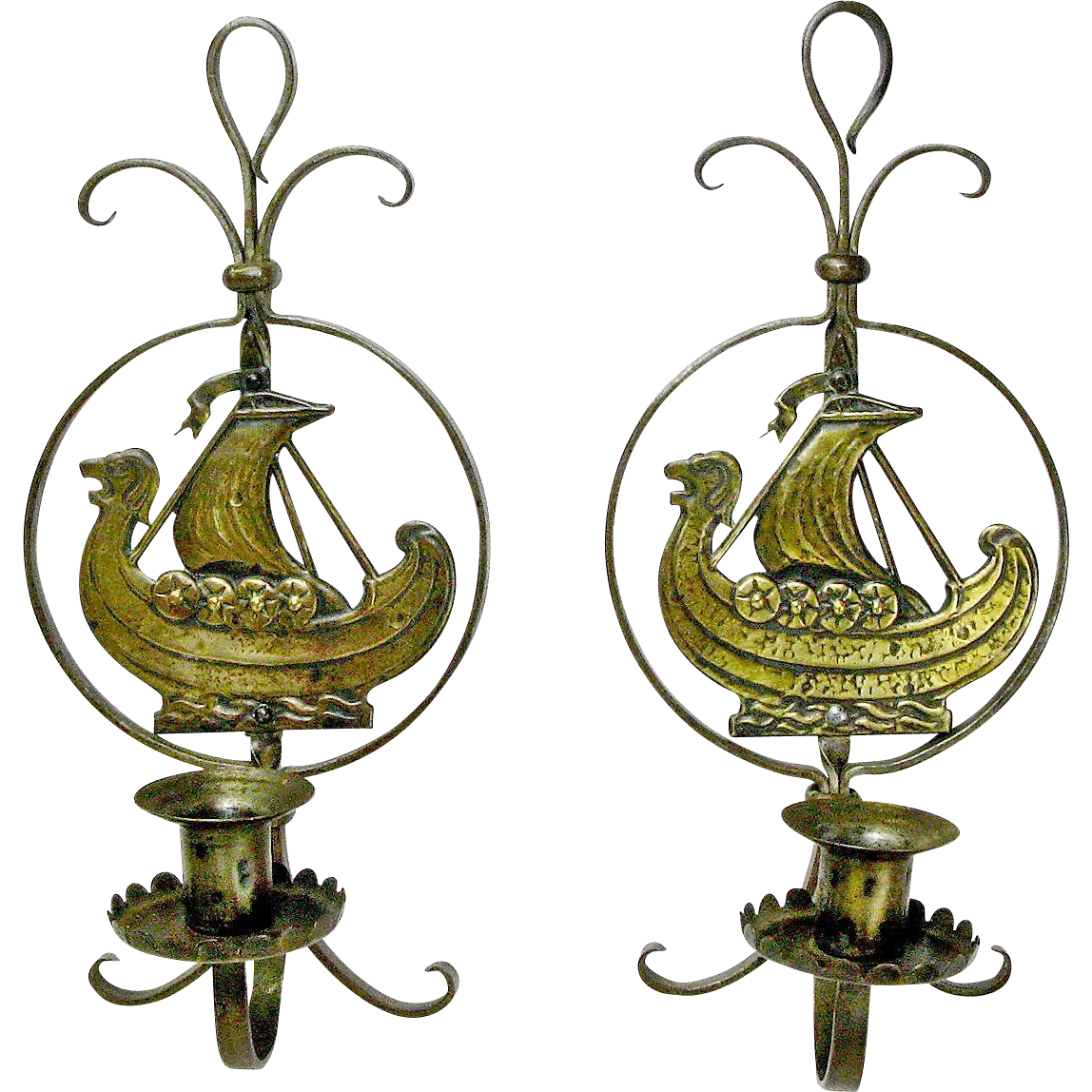 Rare Pair of Goberg Hammered Iron Brass Viking Wall Sconce ...